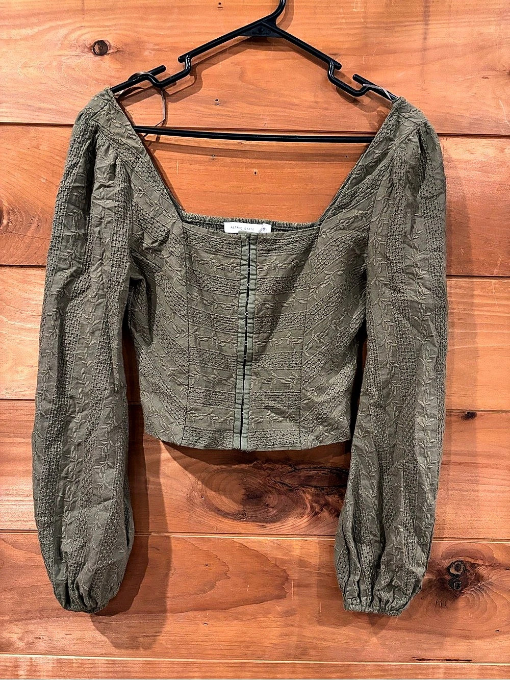 Altar’d State XS Olive Green Embroidered Corset Puff Sleeve Crop Top